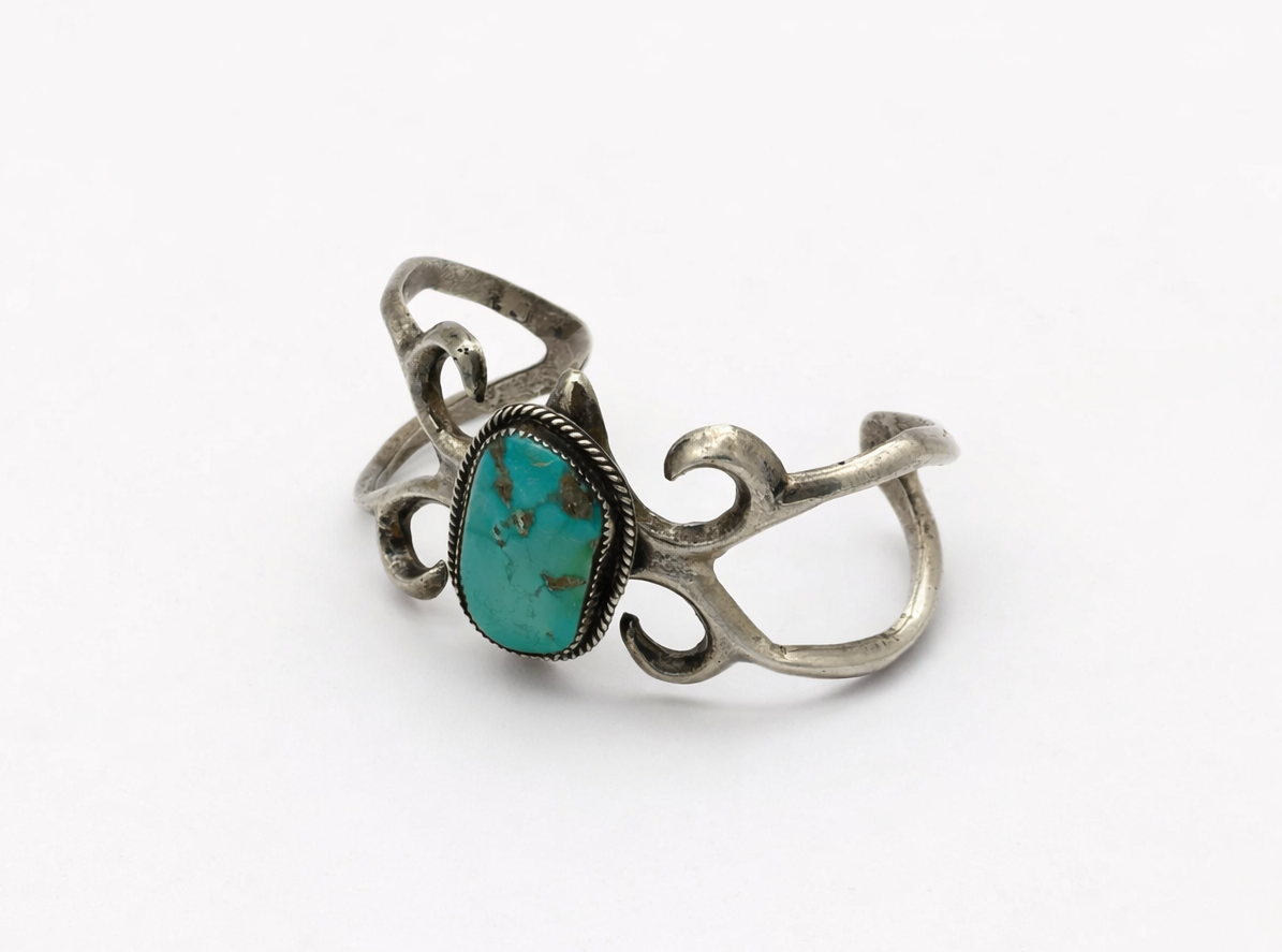 Navajo sand cast silver & turquoise cuff bracelet